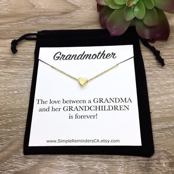 Grandmother Necklace, Gold Heart Pendant, Tiny Silver Heart Jewelry, Grandma Necklace, Gift from Grandchildren, Generations Jewelry