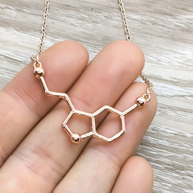 Rose Gold Serotonin Necklace, Happiness Jewelry, Molecular Necklace, Science Gift, Anatomy Molecule Pendant Necklace, Biology Jewelry