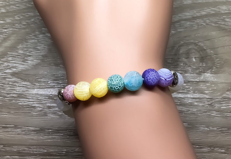 Chakra Balance Yoga Bracelet, Yoga Teacher Gift, Gift for Yogis, Rainbow Beaded Bracelet, 7 Chakra Jewelry, White Elephant Beads, Buddha