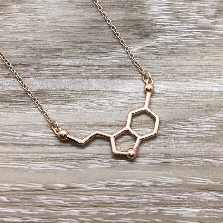 Rose Gold Serotonin Necklace, Happiness Jewelry, Molecular Necklace, Science Gift, Anatomy Molecule Pendant Necklace, Biology Jewelry