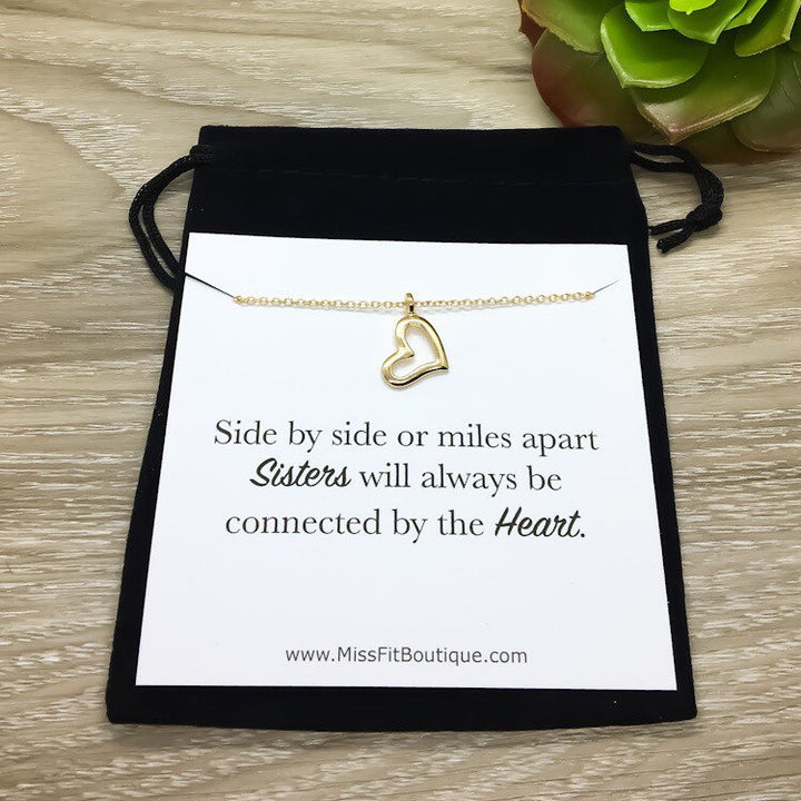 Dainty Heart Necklace, Side by Side or Miles Apart Card, Gift from Sister, Sisterhood Jewelry, Sisters Gift, Sorority Jewelry, Little Sister