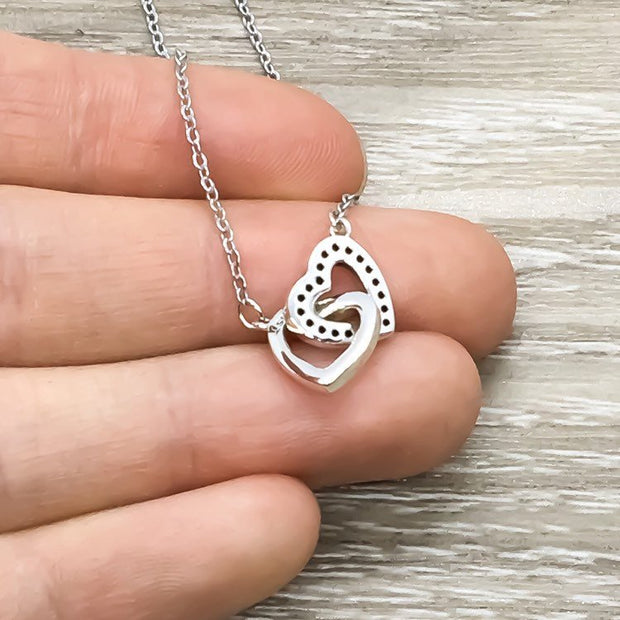 Two Hearts Necklace, Side by Side or Miles Apart Card, Double Heart Pendants, Gift from Sister, Sisterhood Jewelry, Sisters Gift, Sorority