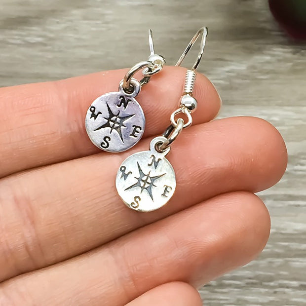 Compass Earrings, Tiny Compass Dangle Earrings, Travel Gifts, Sterling Silver Jewelry, New Journey Gift
