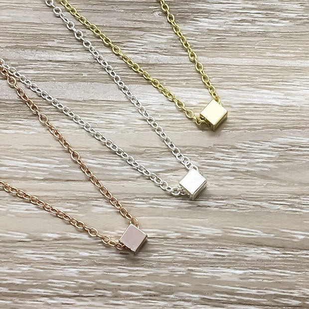 Tiny Cube Necklace, Dainty Necklace, Simple Minimal Jewelry, Geometric Necklace, Gift for Girlfriend, Gift for Daughter, Everyday Necklace