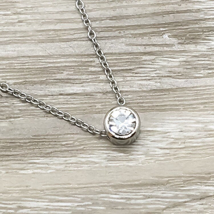 Tiny Round Crystal Necklace, Silver Diamond Necklace, Dainty Bridesmaid Necklace, Minimalist Jewelry, Gift for Mom, Girlfriend Gift