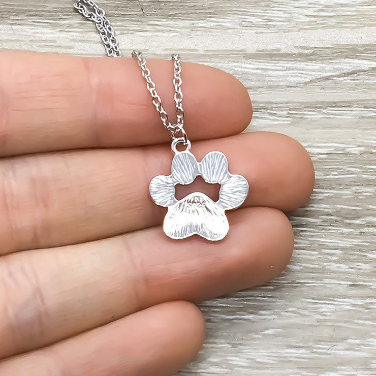 Paw Print Necklace, Sterling Silver Dog Jewelry, Cat Jewelry, Cat Lover Gift, Dog Owner Gift, Paw Prints on your Heart Gift, Pet Loss Gift