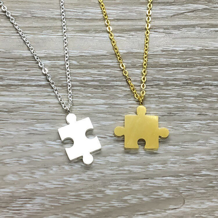 Interlocking Puzzle Necklace Set for 2, BFF Gift, Best Friends Gift, Gold Silver Jigsaw Puzzle Piece Necklaces, Stainless Steel Jewelry