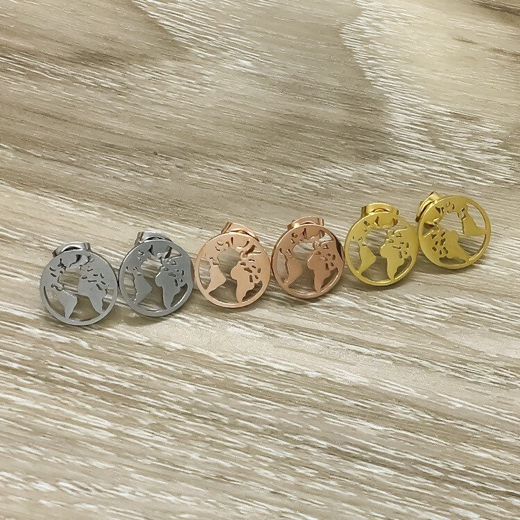 Planet Earth Earrings, World Map Stud Earrings, Dainty Globe Studs, Geography, Globetrotter Gift for Her,  Everyday Earrings, Wanderlust