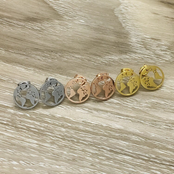 Planet Earth Earrings, World Map Stud Earrings, Dainty Globe Studs, Geography, Globetrotter Gift for Her,  Everyday Earrings, Wanderlust