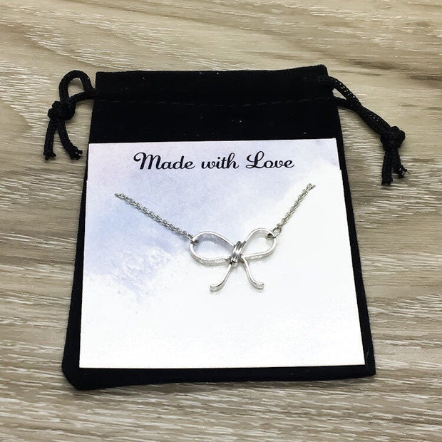 Silver Bow Necklace, Ribbon Bow Necklace, Bridesmaid Gift, Friendship Necklace, BFF Necklace, Gift for Mom, Bridal Jewelry, Wedding Jewelry