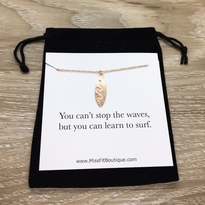 Gold Surfboard Necklace with Card, Beach Lover Necklace, Tropical Gift, Minimalist Surfing Necklace, Summer Sports Jewelry