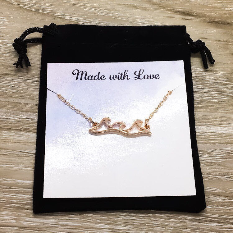 Ocean Wave Necklace with Card, Inspirational Beach Lover Gift, Gift for Surfer, Minimalist Sea Water Ripple Necklace, Summer Jewelry