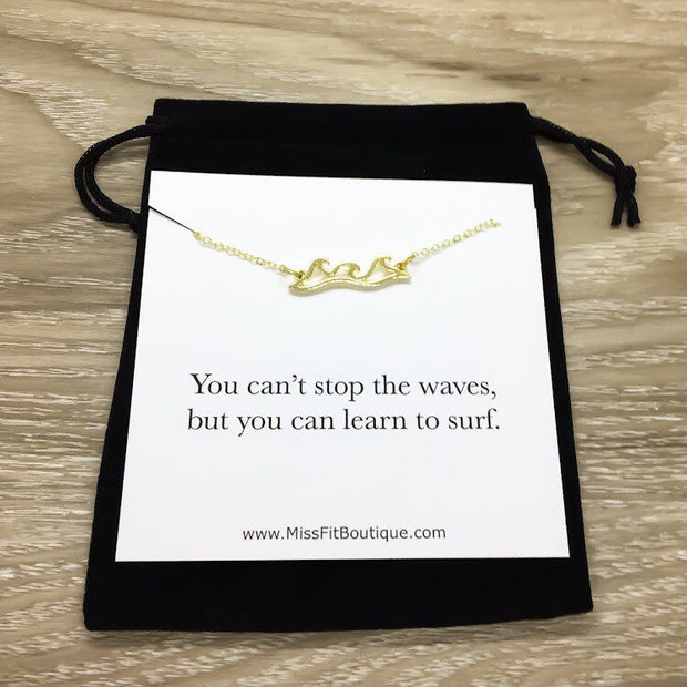 Ocean Wave Necklace with Card, Inspirational Beach Lover Gift, Gift for Surfer, Minimalist Sea Water Ripple Necklace, Summer Jewelry