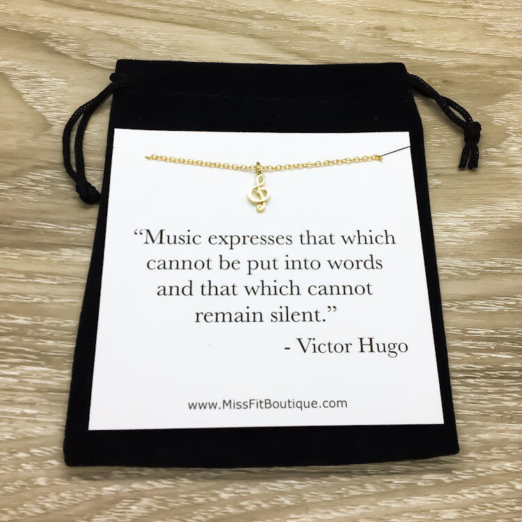Tiny Treble Clef Music Note Necklace, Victor Hugo Quote, Music Jewelry, Music Gift, Birthday Gift, Music Teacher Gift from Student, Graduate