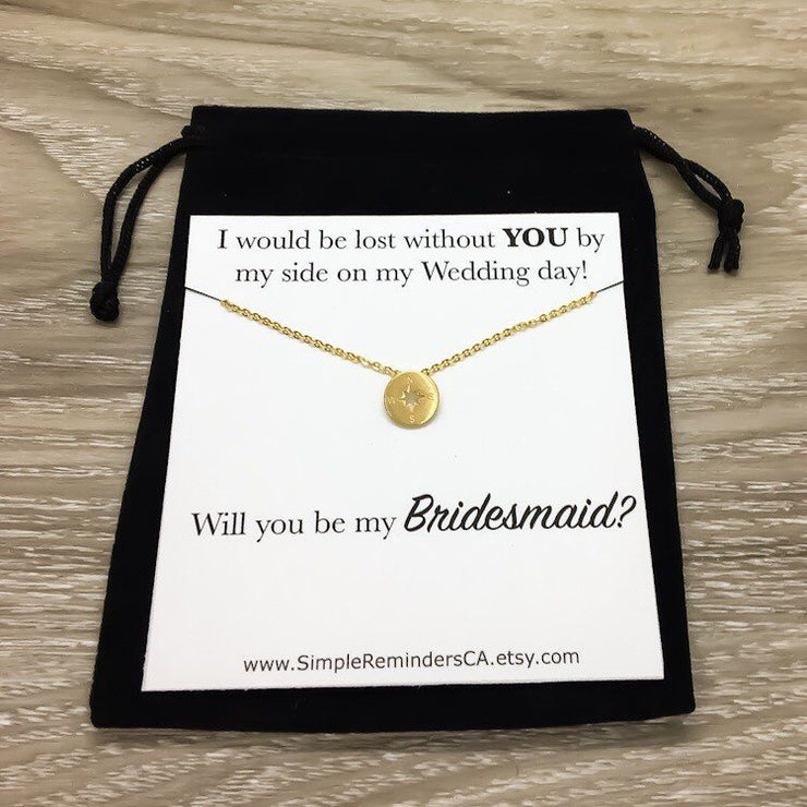Maid of Honor Gift, Maid of Honor Proposal Necklace with Card, Tiny Compass Necklace, Will You Be My Bridesmaid Card, Gift for Her