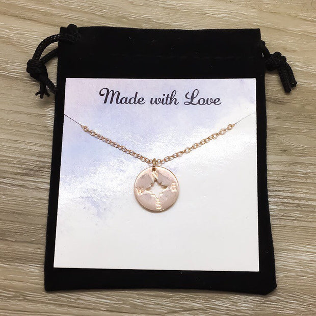 Compass Necklace with Card, No Matter Where, Friendship, Rose Gold, Silver