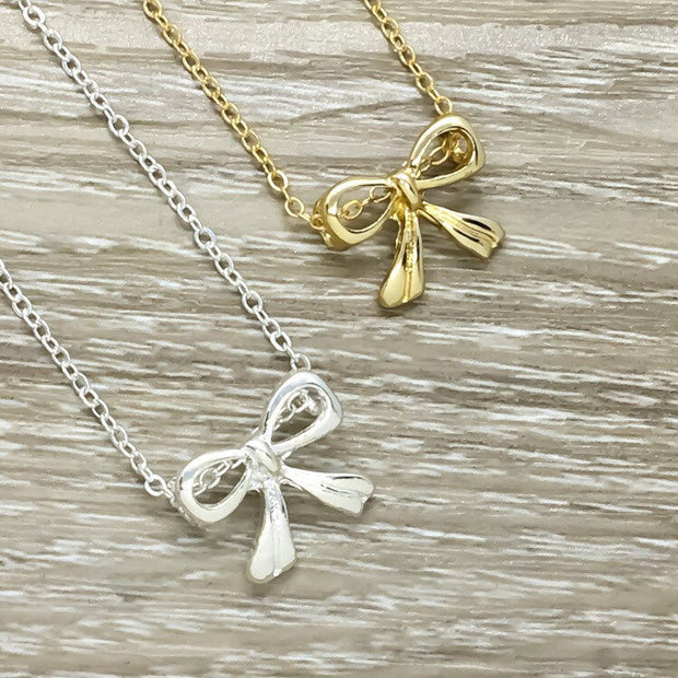 Dainty Bow Necklace, Ribbon Bow Necklace, Bridesmaid Gift, Friendship Necklace, BFF Necklace, Gift for Mom, Bridal Jewelry, Wedding Necklace