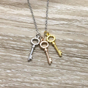 Three Keys Necklace, Minimal Jewelry, Tiny Key Pendant, Friendship Necklace, Best Friends Gift, Simple Reminder, Gift for Daughter, Modern