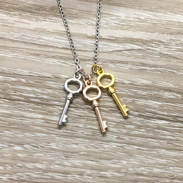 Three Keys Necklace, Minimal Jewelry, Tiny Key Pendant, Friendship Necklace, Best Friends Gift, Simple Reminder, Gift for Daughter, Modern