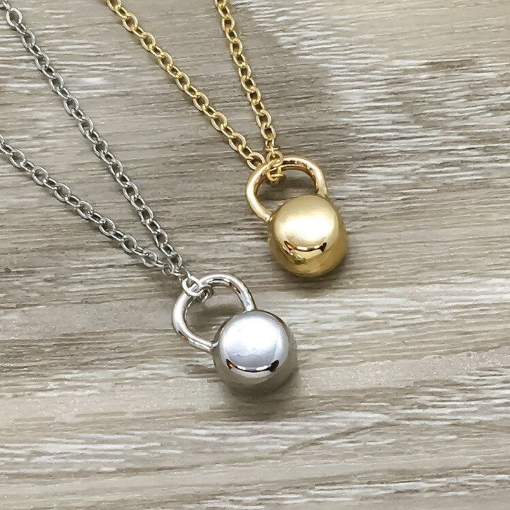 Tiny Kettlebell Necklace, Silver Fitness Necklace, Gym Jewelry, Gold Kettlebell Charm, Personal Trainer Gift, Strength Gift, Gift for Wife