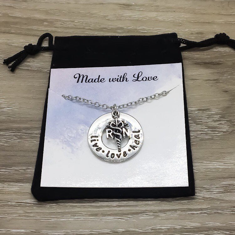 RN Necklace, Live Love Heal, Nursing Charm Necklace, Nurse Graduation Gift, Gift for Nurse, Registered Nurse Gift, Nursing Student Gift