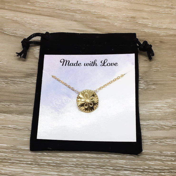 Gold Sand Dollar Necklace with Card, Beach Lover Necklace, Tropical Gift, Minimalist Necklace, Ocean Jewelry, Dainty Pendant, Summer Jewelry