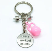 Fitness Training Keychain, Every Workout Counts, Quote Charm, Weightlifting Gift, Personal Trainer Key Ring, Gym Keychain, Dumbbell Charm