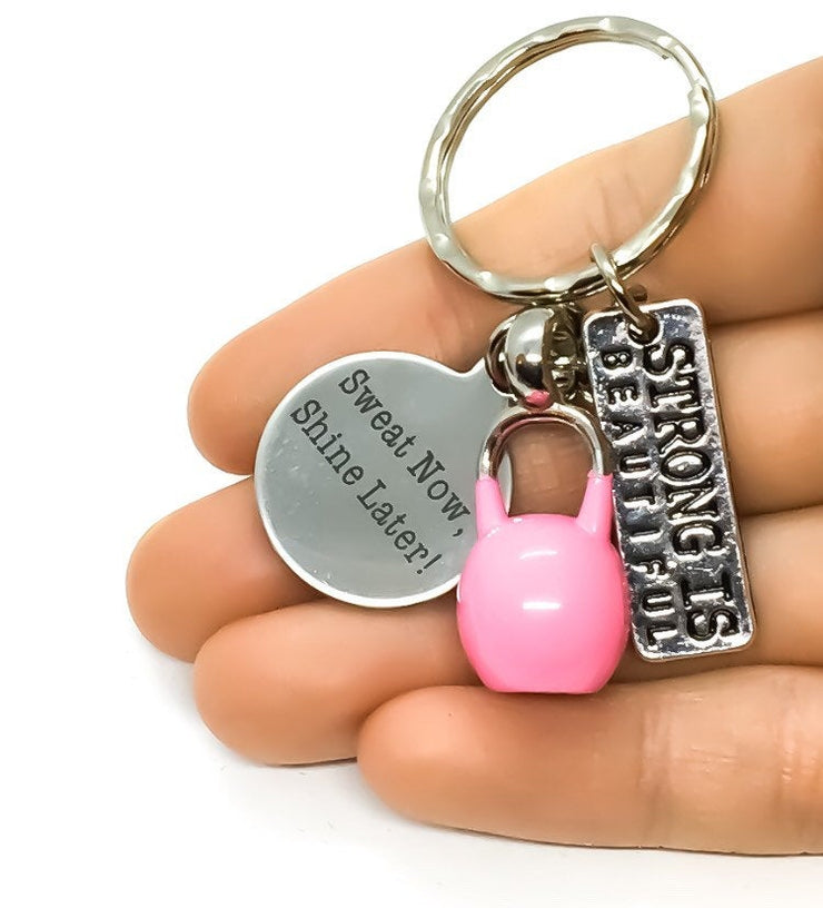 Fitness Keychain, Kettlebell, Sweat Now Shine Later, Strong is Beautiful