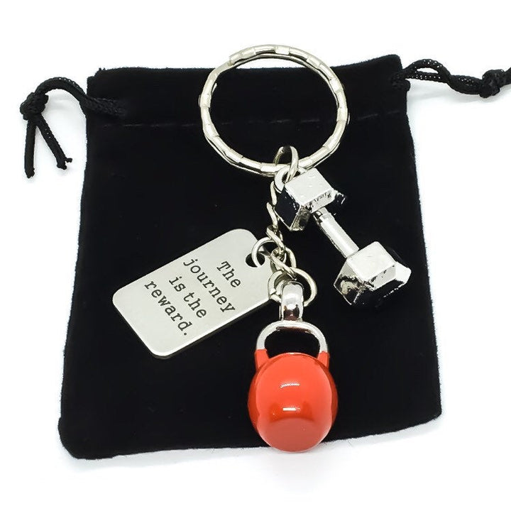 Journey is the Reward, Weight Loss Keychain, Kettlebell Charm, Fitness Keychain, Motivational Gift, Dumbbell Charm, Personal Trainer Gift