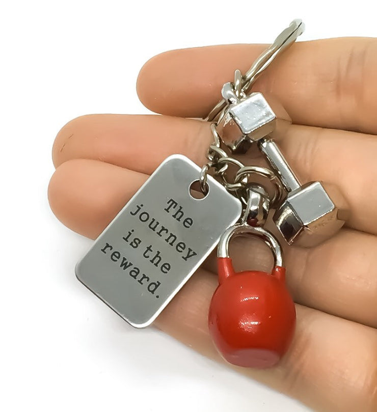 Journey is the Reward, Weight Loss Keychain, Kettlebell Charm, Fitness Keychain, Motivational Gift, Dumbbell Charm, Personal Trainer Gift