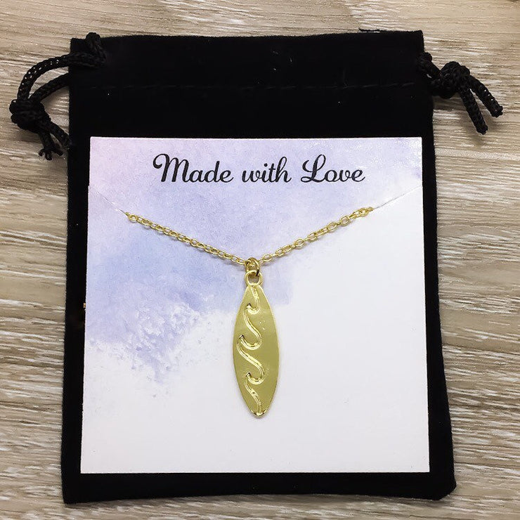 Gold Surfboard Necklace with Card, Beach Lover Necklace, Tropical Gift, Minimalist Surfing Necklace, Summer Sports Jewelry