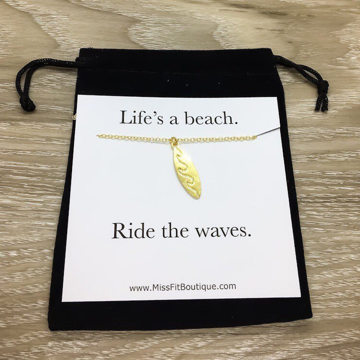 Life's a Beach Card, Surfboard Necklace, Beach Lover Necklace, Unique Gift for Surfer, Minimalist Surfing Necklace, Summer Sports Jewelry