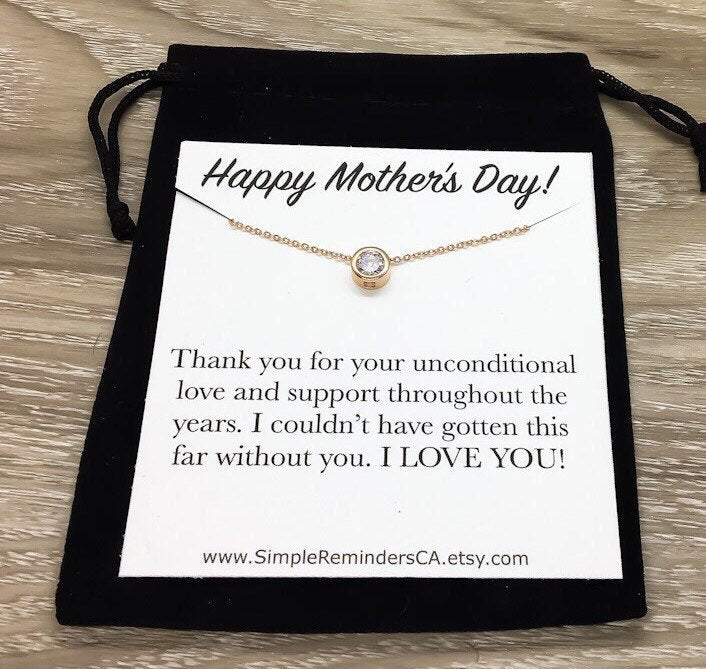 Mother's Day Gift, Dainty Rose Gold Crystal Pendant Necklace, Thank You Mom Gift from Daughter, Minimal Round Cubic Zirconia Necklace