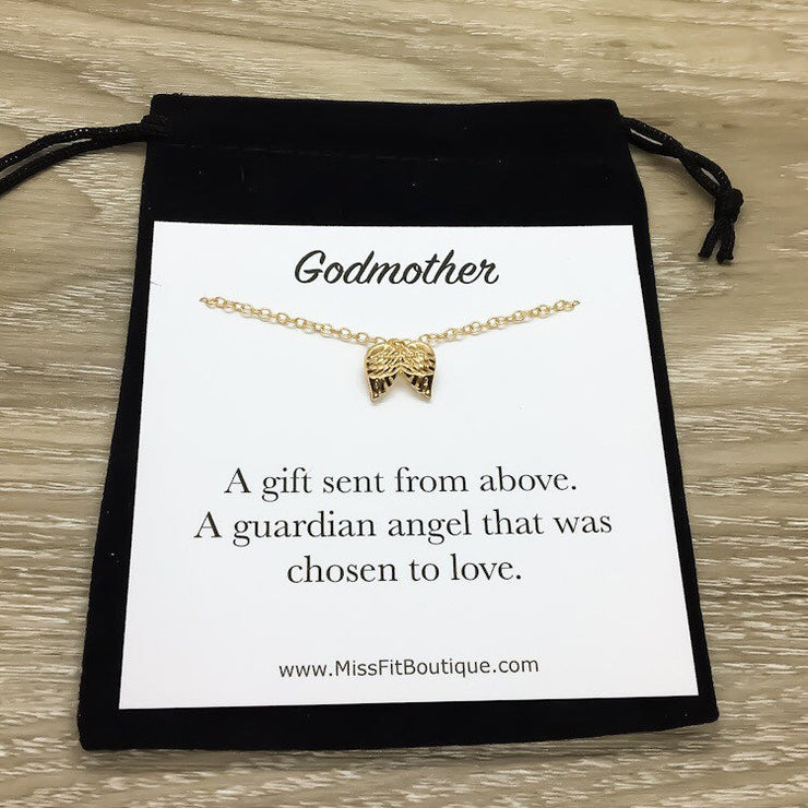 Godmother Quote Card, Angel Wings Necklace, Gold, Silver