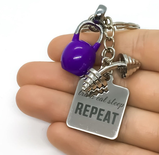 Gym Keychain, Train Eat Sleep Repeat, Fitness Quote, Kettlebell Charm, Motivational Keyring, Fitness Coach Gifts, Personal Trainer Gift