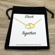 Stuck Together Card, Interlocking Double Hearts Necklace, Silver, Gold