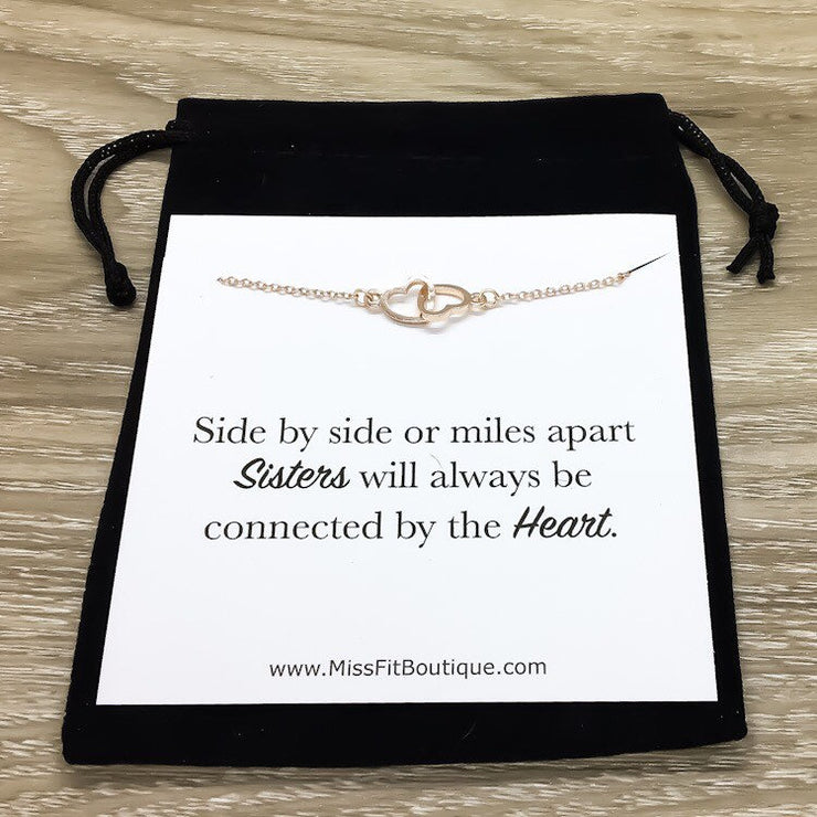 Sisters Quote, Connected by the Heart, Double Hearts Necklace with Card, Two Interlocking Hearts Necklace, Sister Birthday Gift