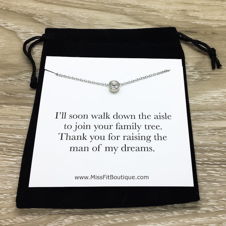 Mother of the Groom Necklace with Card, Tiny Round Crystal Necklace Silver, Gift for Mother in Law, Thank You For Raising Gift, Dainty
