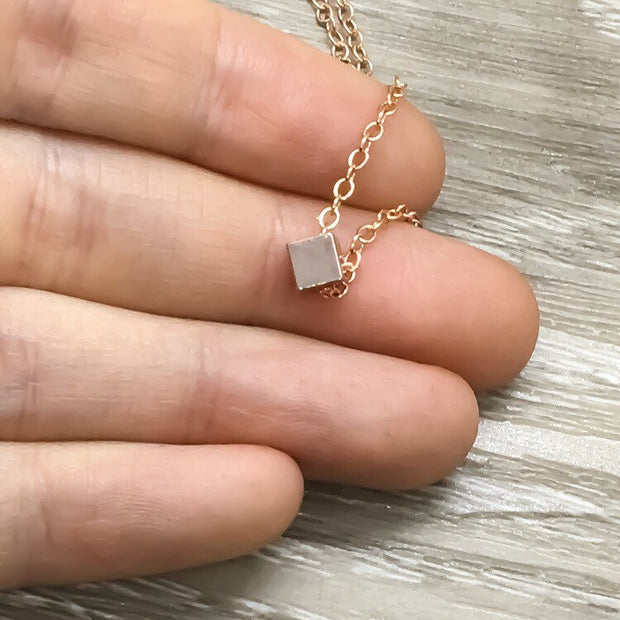 Tiny Cube Necklace, Simple Reminder Card, Rose Gold, Silver, Gold