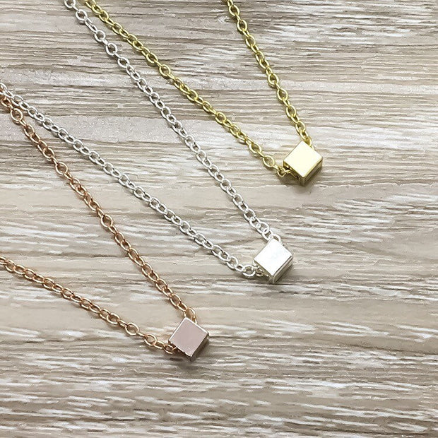 Tiny Cube Necklace, Strength Inspirational Card, Rose Gold, Silver