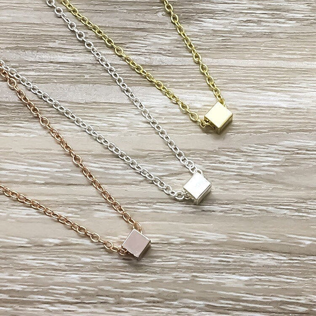 Tiny Cube Necklace, Little Moments Card, Rose Gold, Silver, Gold