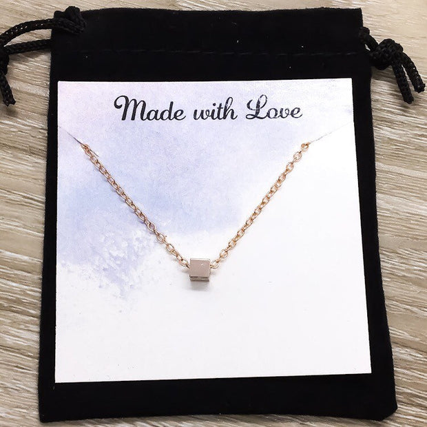 Tiny Cube Necklace, Simple Reminder Card, Rose Gold, Silver, Gold