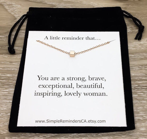 Tiny Cube Necklace, Simple Reminder Card, Rose Gold, Silver, Gold