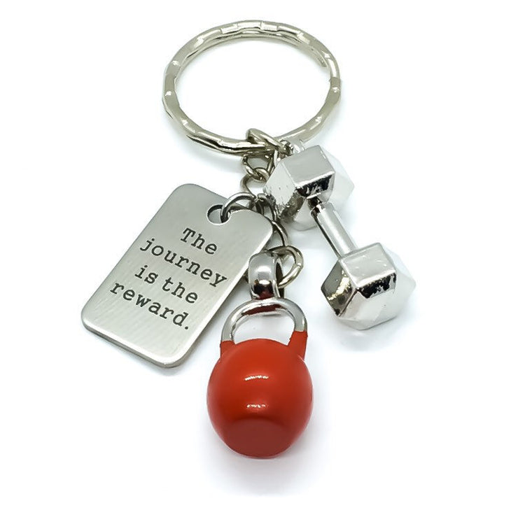 Journey is the Reward, Weight Loss Keychain, Kettlebell Charm, Fitness Keychain, Motivational Gift, Dumbbell Charm, Personal Trainer Gift
