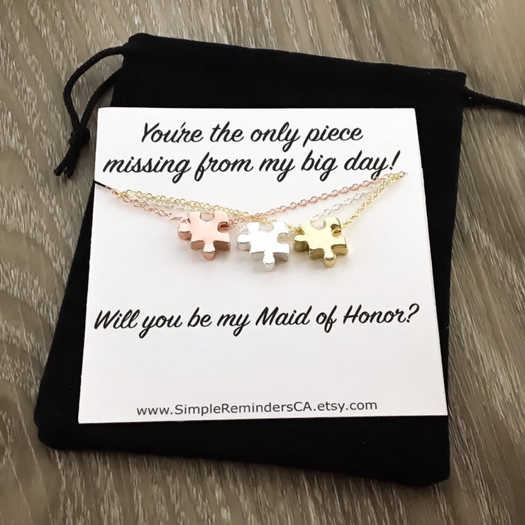 Maid of Honor Proposal Puzzle Necklace, Will You Be My Card, Rose Gold, Silver