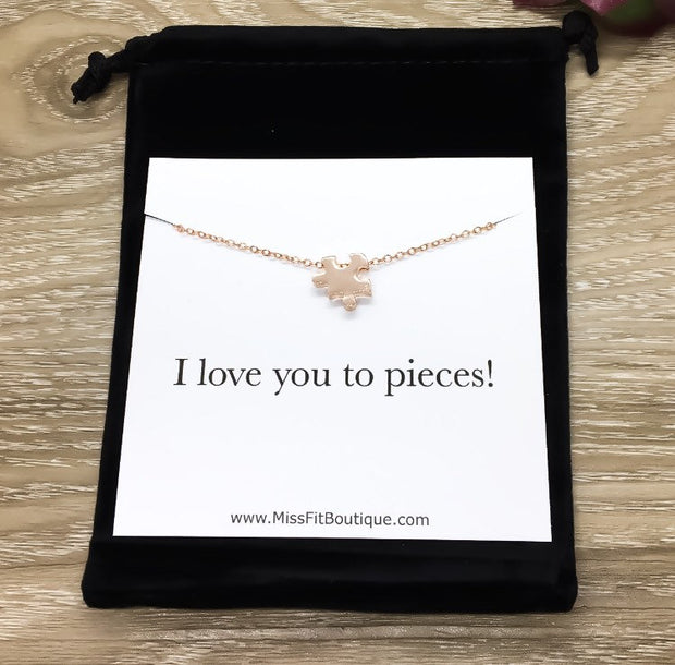 I Love You To Pieces Card, Puzzle Piece Necklace, Rose Gold, Gold, Silver