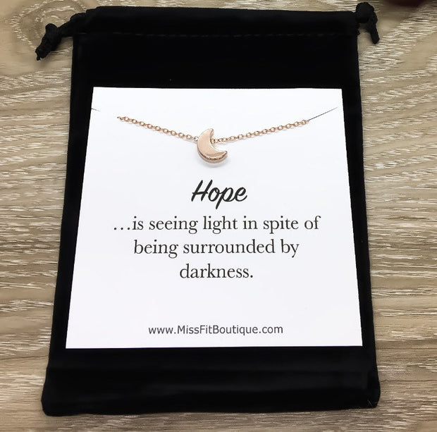 Dainty Crescent Moon Necklace with Card, Hope Quote Necklace, Minimalist Jewelry, Inspirational Jewelry, Encouragement Gift, Thinking of You