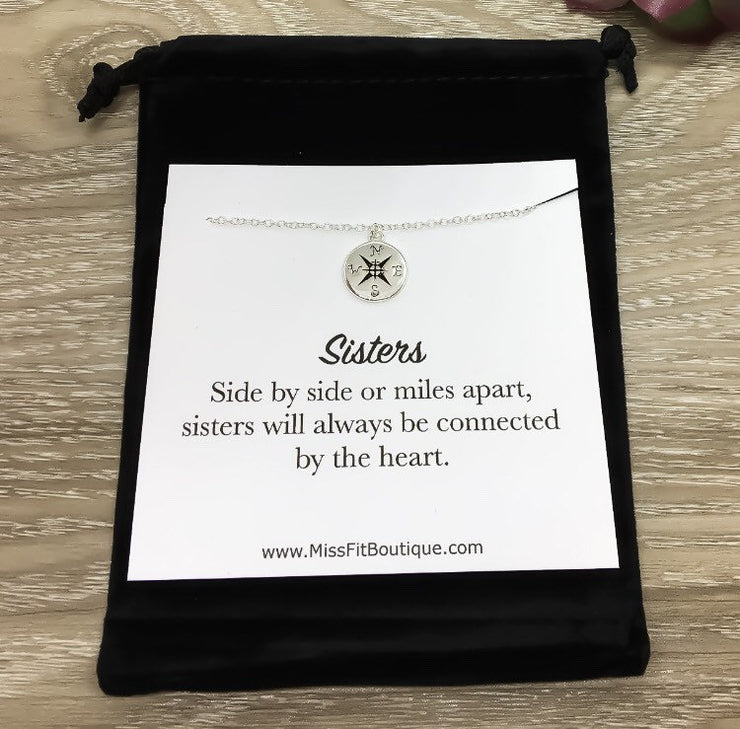 Sisters Card, Compass Necklace, Side By Side or Miles Apart, Compass Jewelry, Gift for Sister, Sisterhood Gift, Birthday Gift, Going Away