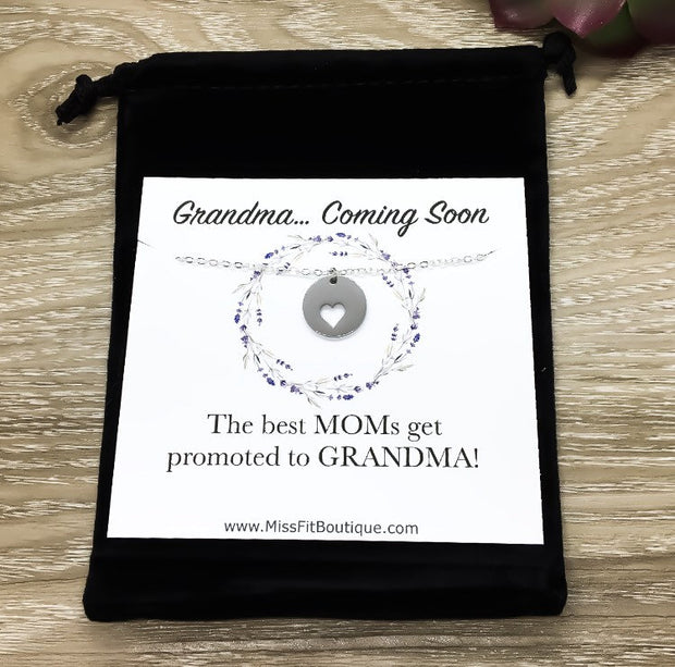 Grandma Coming Soon, Pregnancy Announcement, Heart Necklace, Silver