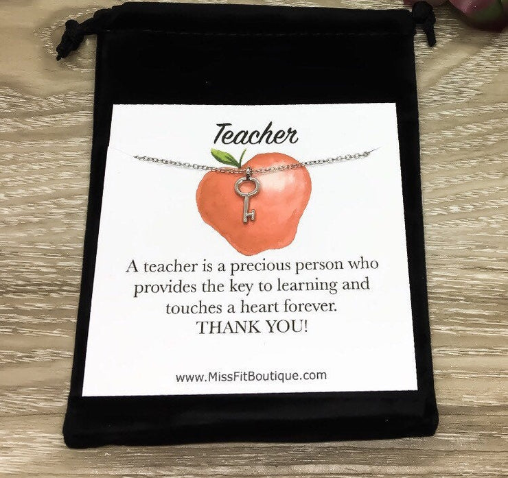 Teacher Appreciation Card, Tiny Key Necklace, Gold, Silver